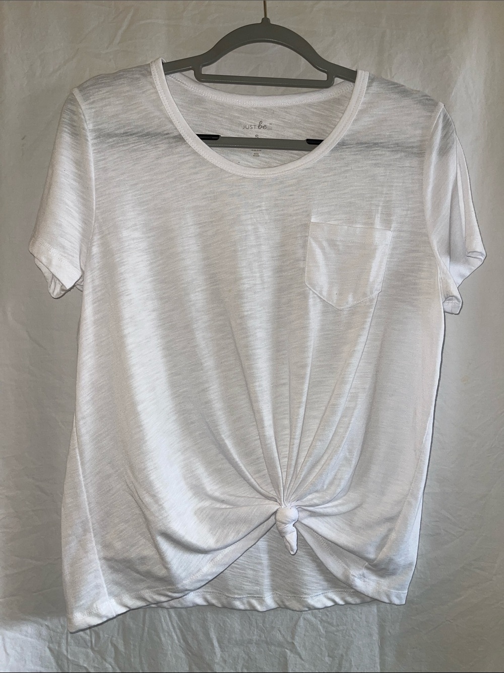 just be White Short Sleeve Tee with Front Knot and Chest Pocket